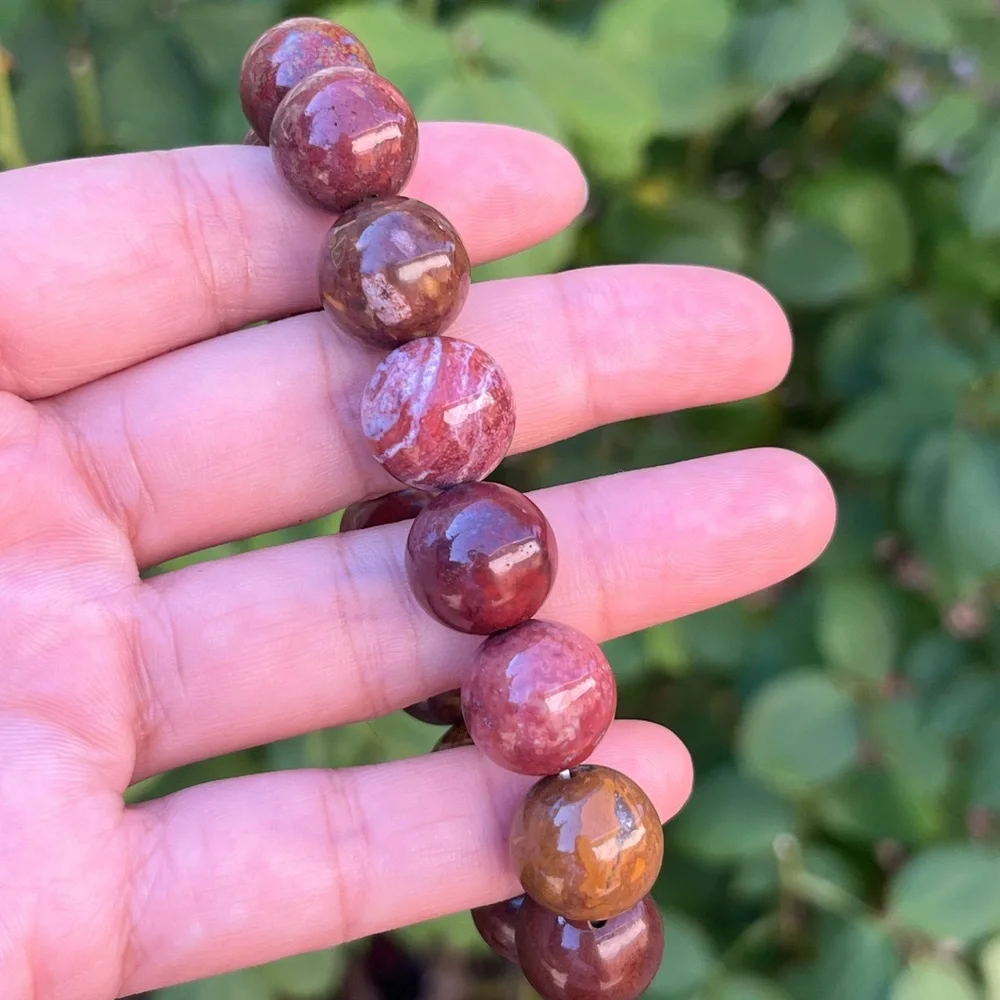 14mm stretchable red‎ brown moss agate bracelet